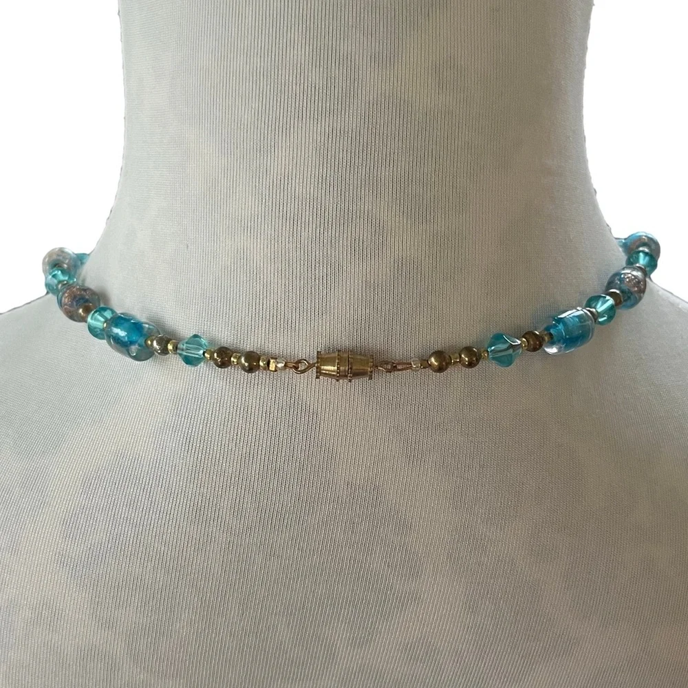 Vintage Aqua Blue Glass Beaded Necklace with Gold Tone Accents